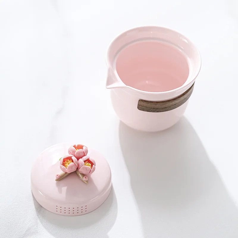 Pink ceramic travel tea set a pot two cups three cups female camping outdoor portable quick cup business gifts