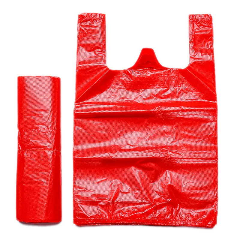 Bolsas de plástico rojas con asa, chaleco grueso para supermercado, tienda de comestibles, regalo, almacenamiento de compras, bolsa de basura de cocina, 50 Uds.