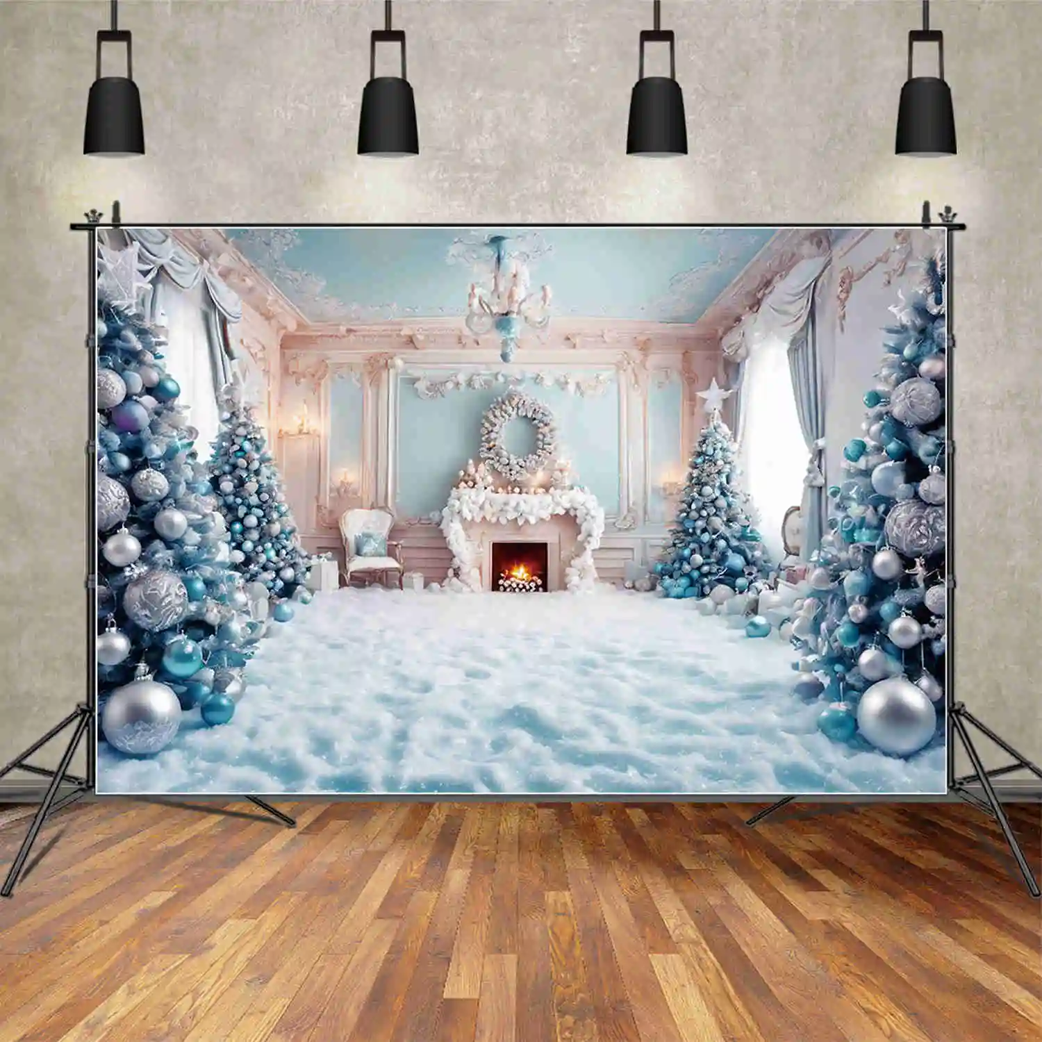 MOON.QG Silver Christmas Trees Backgrounds Living Room Fireplace Children Western Indoor Backdrops Party Decor Photo Shoot Props