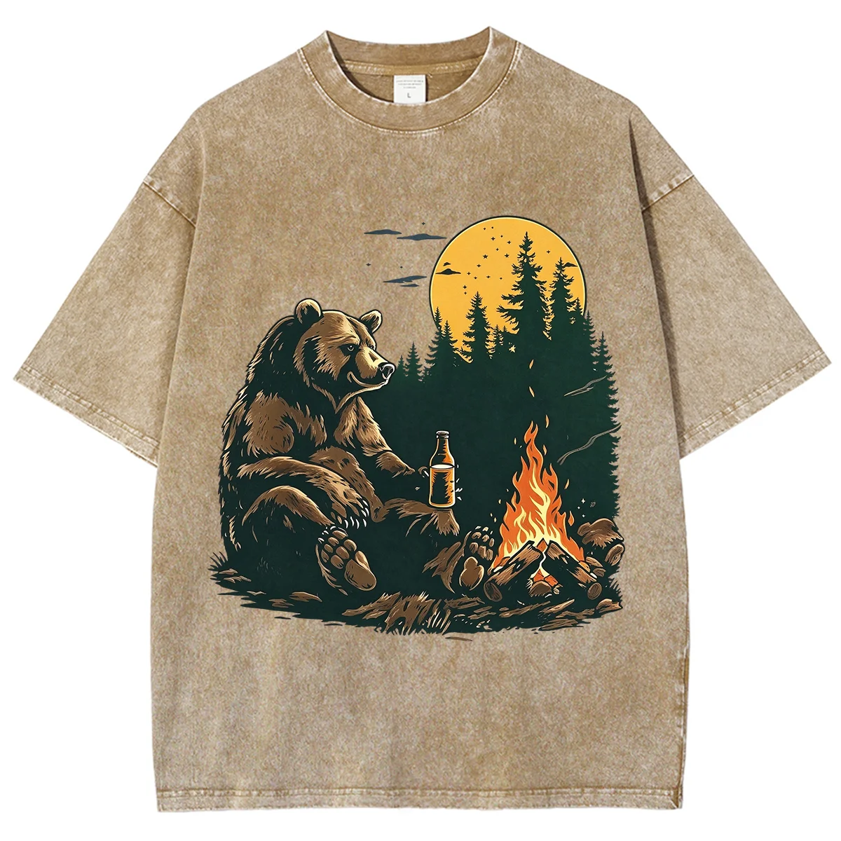 Vintage Washed Unisex T Shirt Bear Camping Bonfire Full Moon Forest Graphic Tees Casual Oversized Short Sleeve Outdoor Adventure