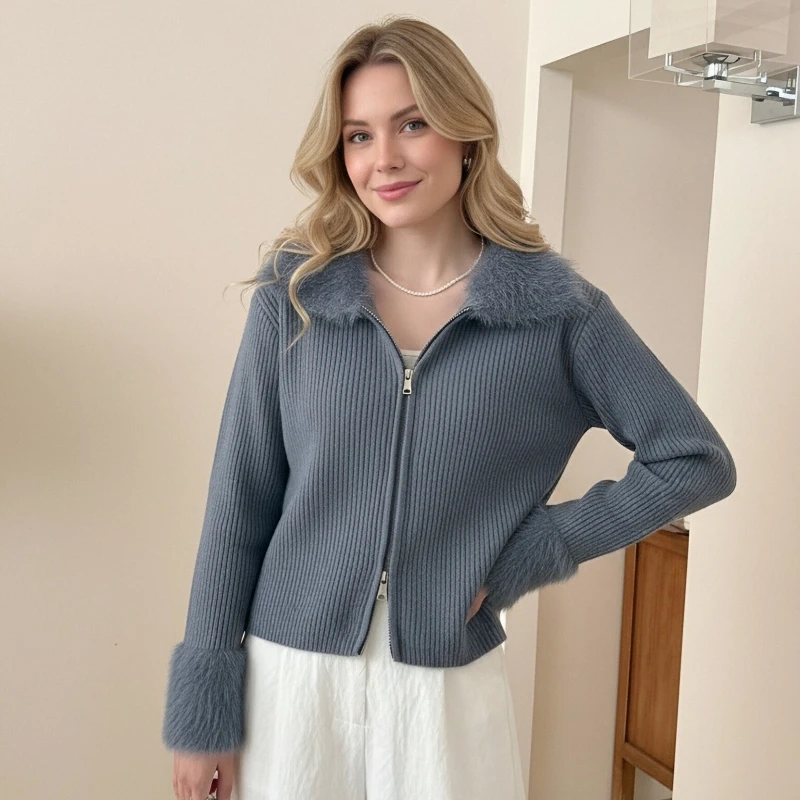 

Fall and Winter Fashion Lapel Fleece Stitchwork Women's Cardigan Solid Color Sweater New Slim Straight Women's Casual Zip Jacket