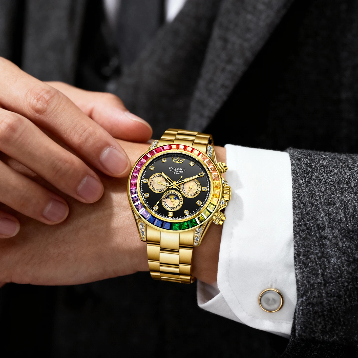 ساعة X-GEAR الفاخرة للرجال ثلاثية الطلب الفرعي 6 أيدي حركة ميكانيكية مضيئة مقاومة للماء نمط الأعمال