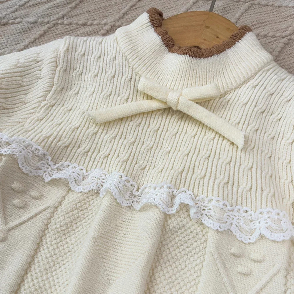 Süßes Rosa Mädchen-Strickoutfit, 2-teilig, Spitze, Schleife, Langarm-Pullover, Schlaghose, Koreanisches Herbst- und Winter-Kinderbekleidungsset 2-6 Jahre – Detail 5