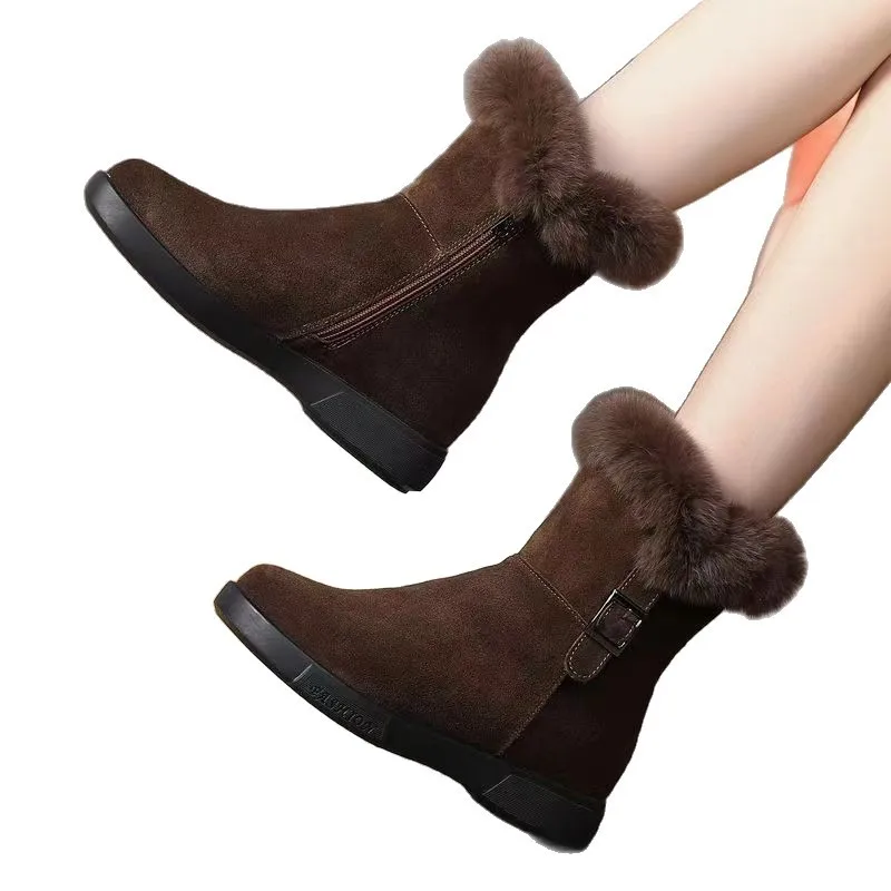 عدم الانزلاق صوف مبطن سميكة الشتاء الأحذية النسائية نمط جديد أمي أحذية قطنية دافئة أحذية بوت قصيرة الأرنب الفراء وحيد #5