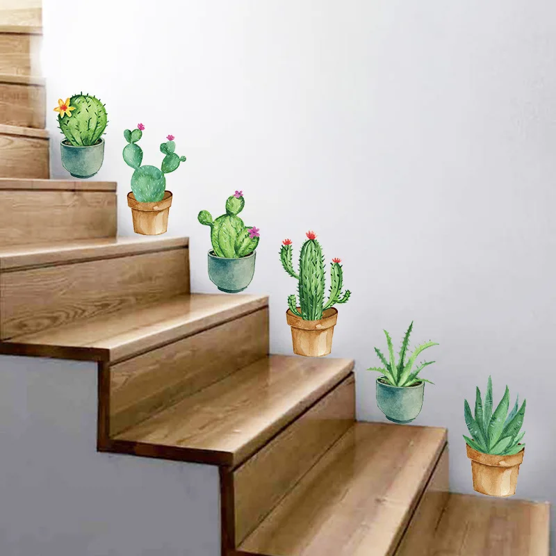 3D DIY Adesivo de Parede para Home Decor, Verde Jardim Planta, Cactus Potted Flower Pot Set, Mural Art, Adesivos Decalques Família, Escadas Do