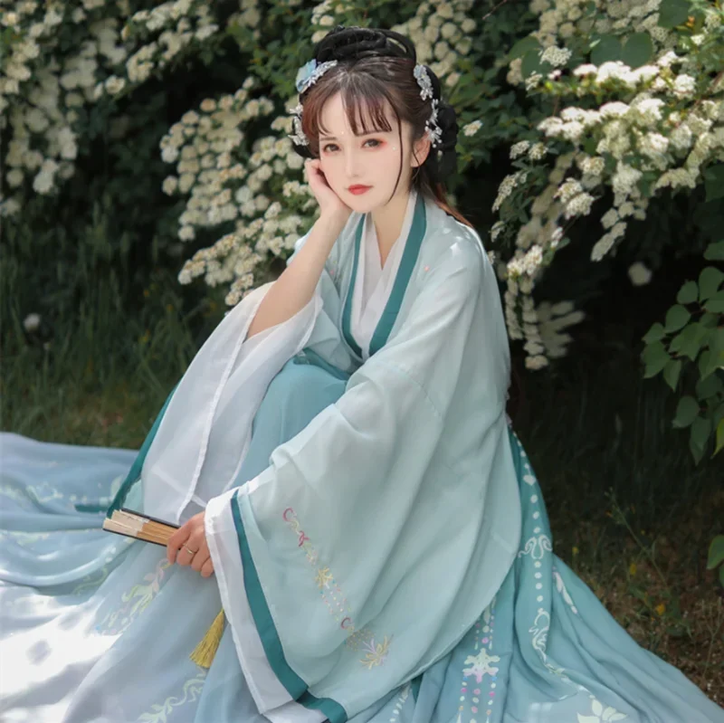 Hanfu gaun dansa panggung bordir tradisional Tiongkok, kostum Cosplay Hanfu gradien biru & hijau untuk wanita