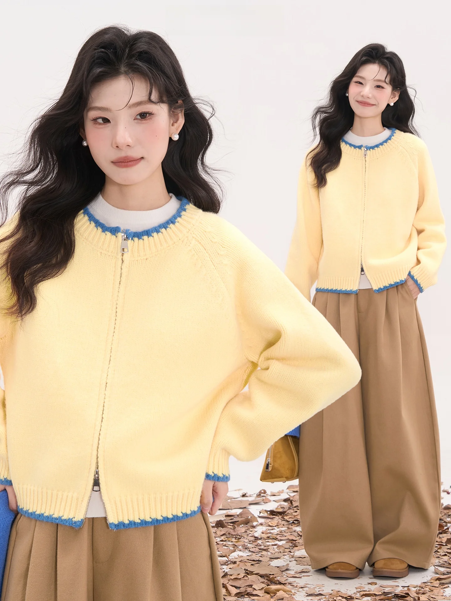 

Женский вязаный кардиган Heme на осень-зиму с круглым вырезом, двойной молнией, цвета холодного чая, каштановый, повседневный, размер S