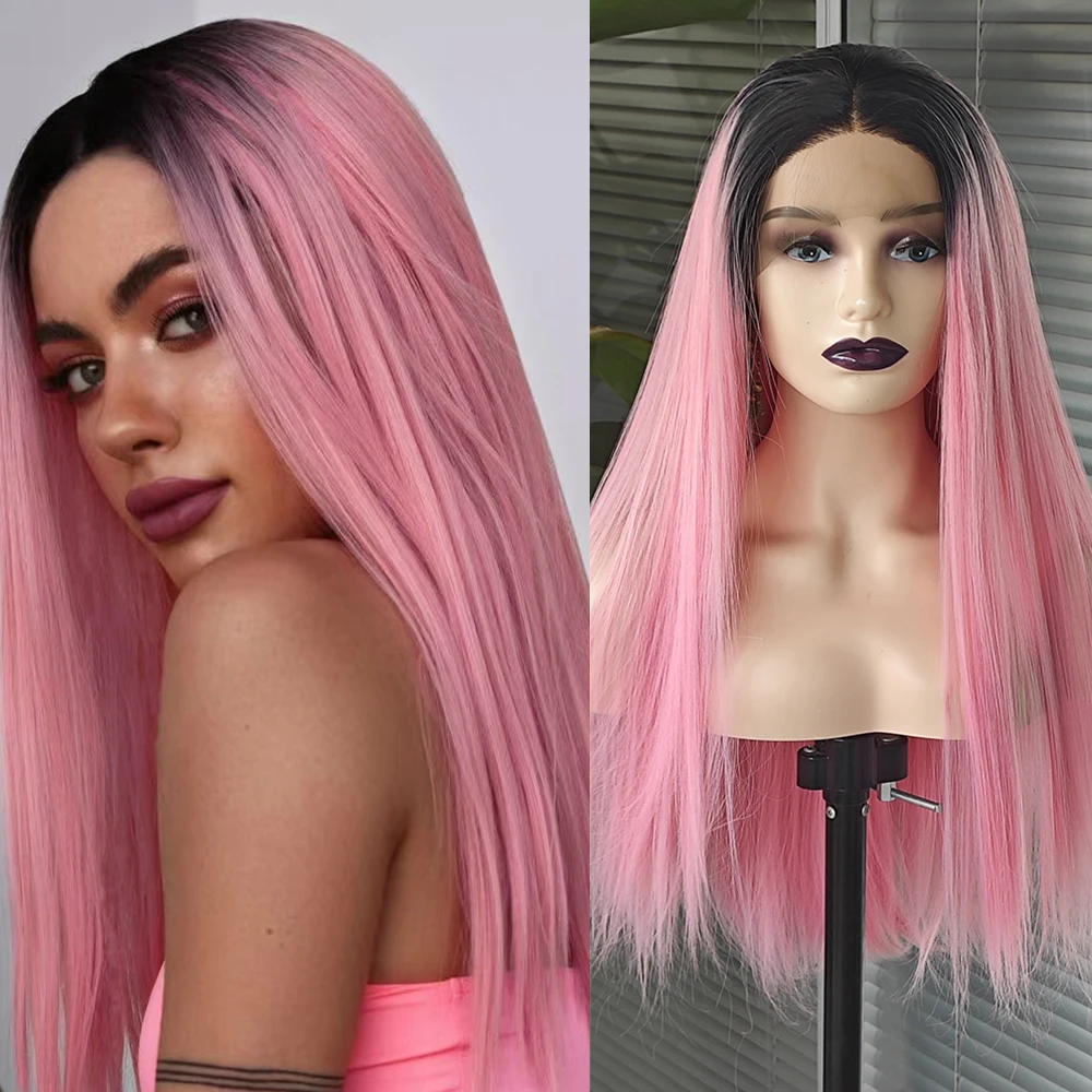 

Розовый Ombre Прямой Парик Фронта Шнурка Черные Корни Розовые Волосы Натуральные Волосы Синтетические Парики Женский Макияж Использование Градиента Розовых Волос