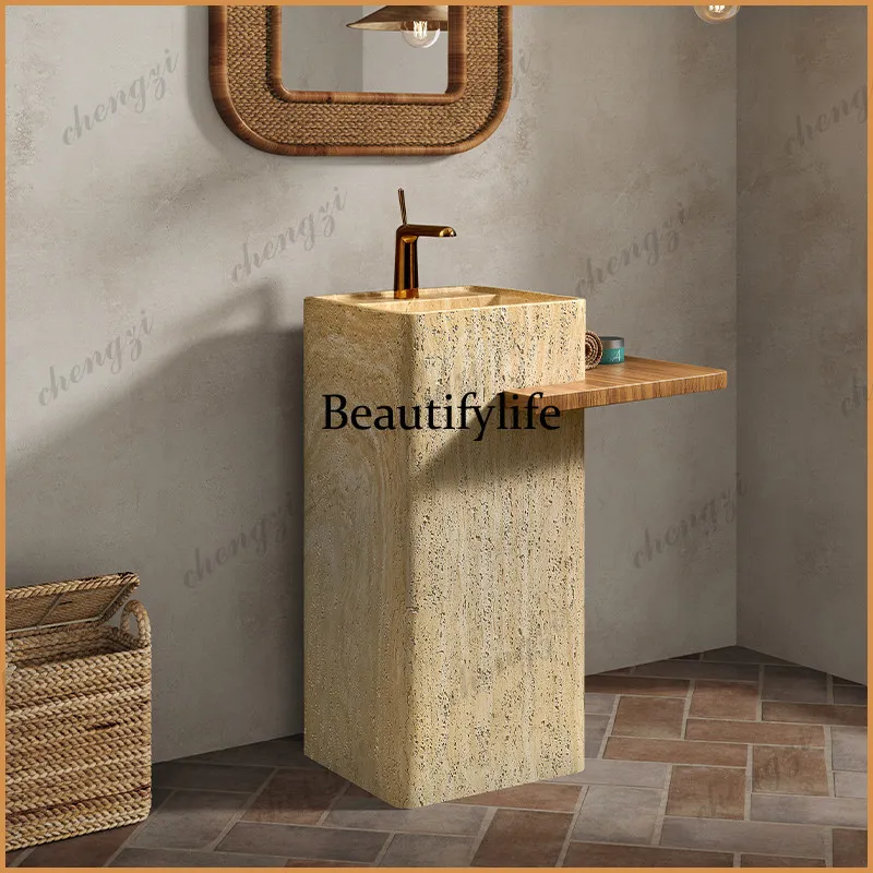 Z138 medieval style wabi-sabi style travertine column art basin integrated floor type designer high-end vertical wash basin