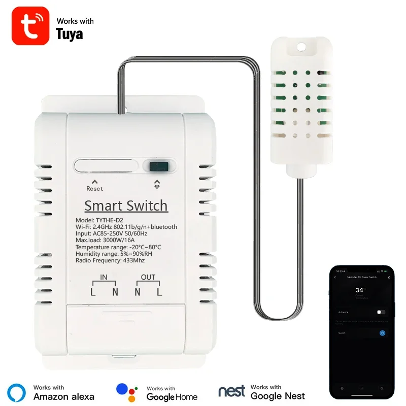 

Tuya Wi-Fi Switch 16A 3000W Беспроводное управление с мониторингом энергопотребления, термостат температуры и влажности Alexa