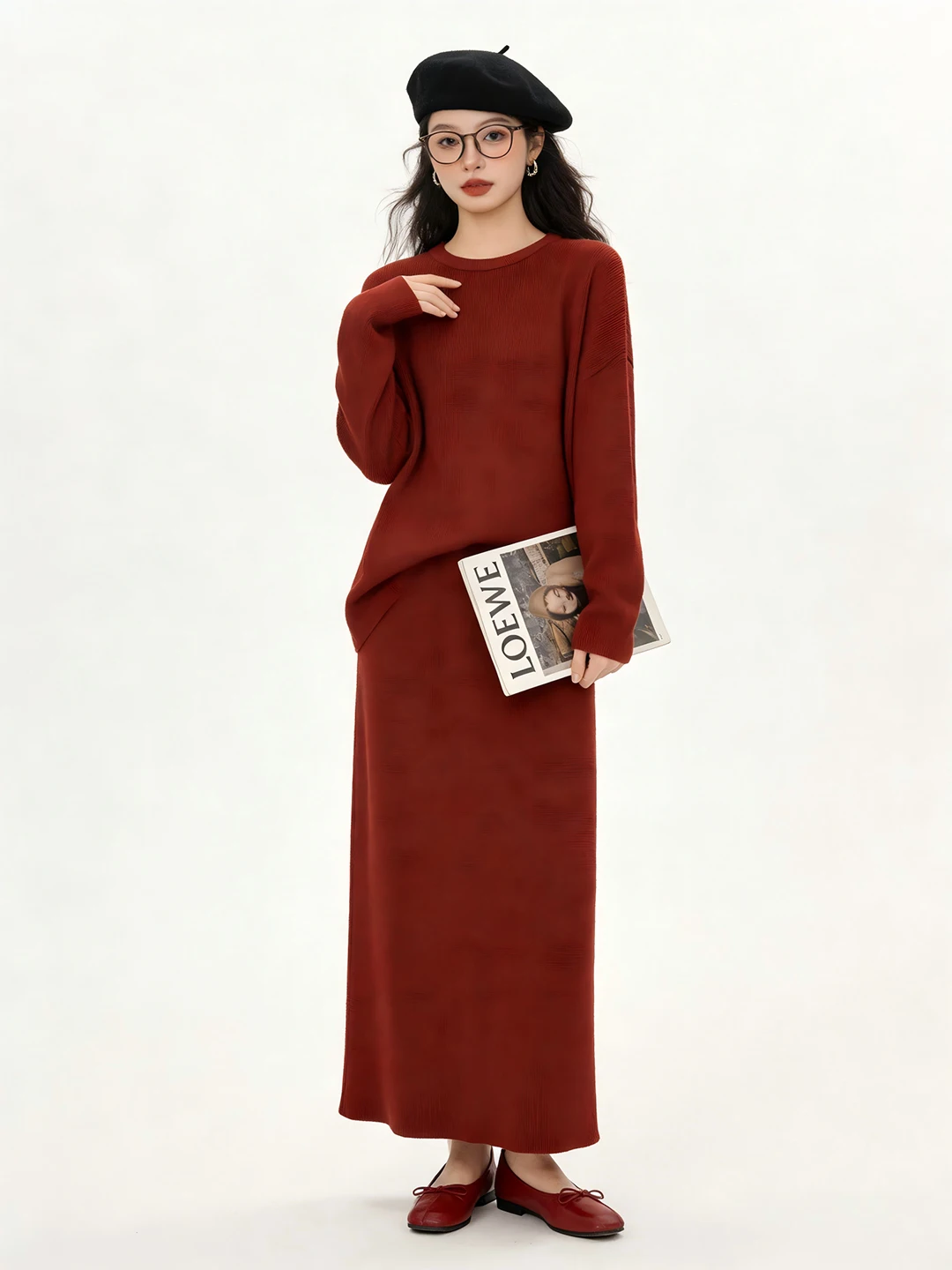 

Корейский комплект: свободный вязаный свитер и юбка с разрезом, однотонный, осенне-зимний, дышащий, с высокой талией, топ с круглым вырезом