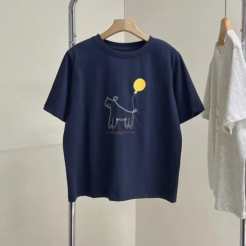 Women's Cotton Graphic Tee Cute Dog Balloon Print Crew Neck Short Sleeve Loose Fit Summer T-Shirt