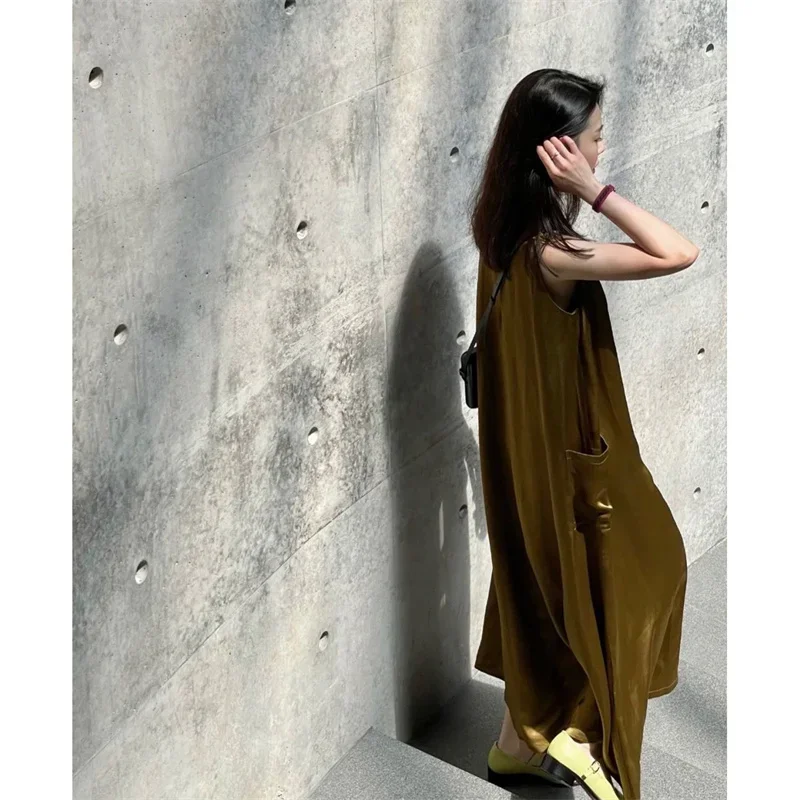 Robe mi-longue en Satin pour femmes, grande balançoire, mode coréenne, col rond, sans manches, ample, décontractée, avec poches, Y2k, nouvelle collection printemps 2025