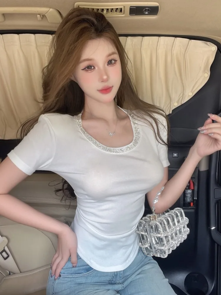 

Korean Style Heavy Embellished round Neck Short Sleeve T-Shirt Women's Summer New Style Slimming High Quality Sensation