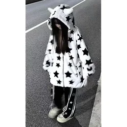 Harajuku Lamb Coat Jackets For Women New American Demon Star Print Velvet Thickened Suede Hoodies Goth Y2k Women Clothing