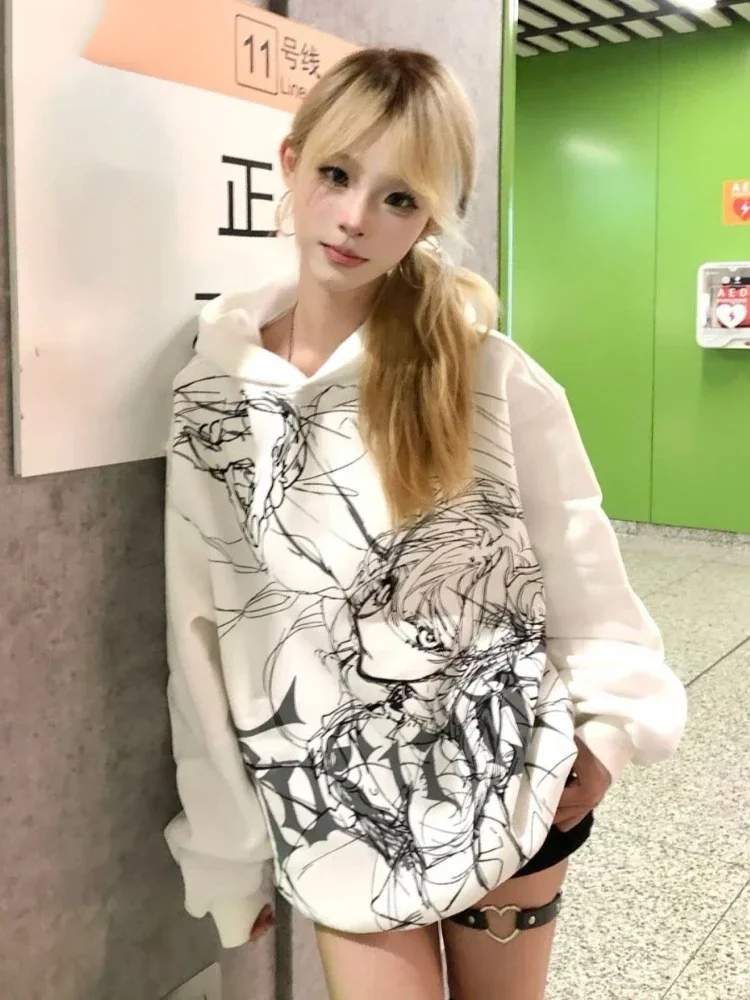 Japonês dos desenhos animados impressão grunge hoodie masculino e feminino gótico casual harajuku com capuz y2k moletom estético oversized streetwear