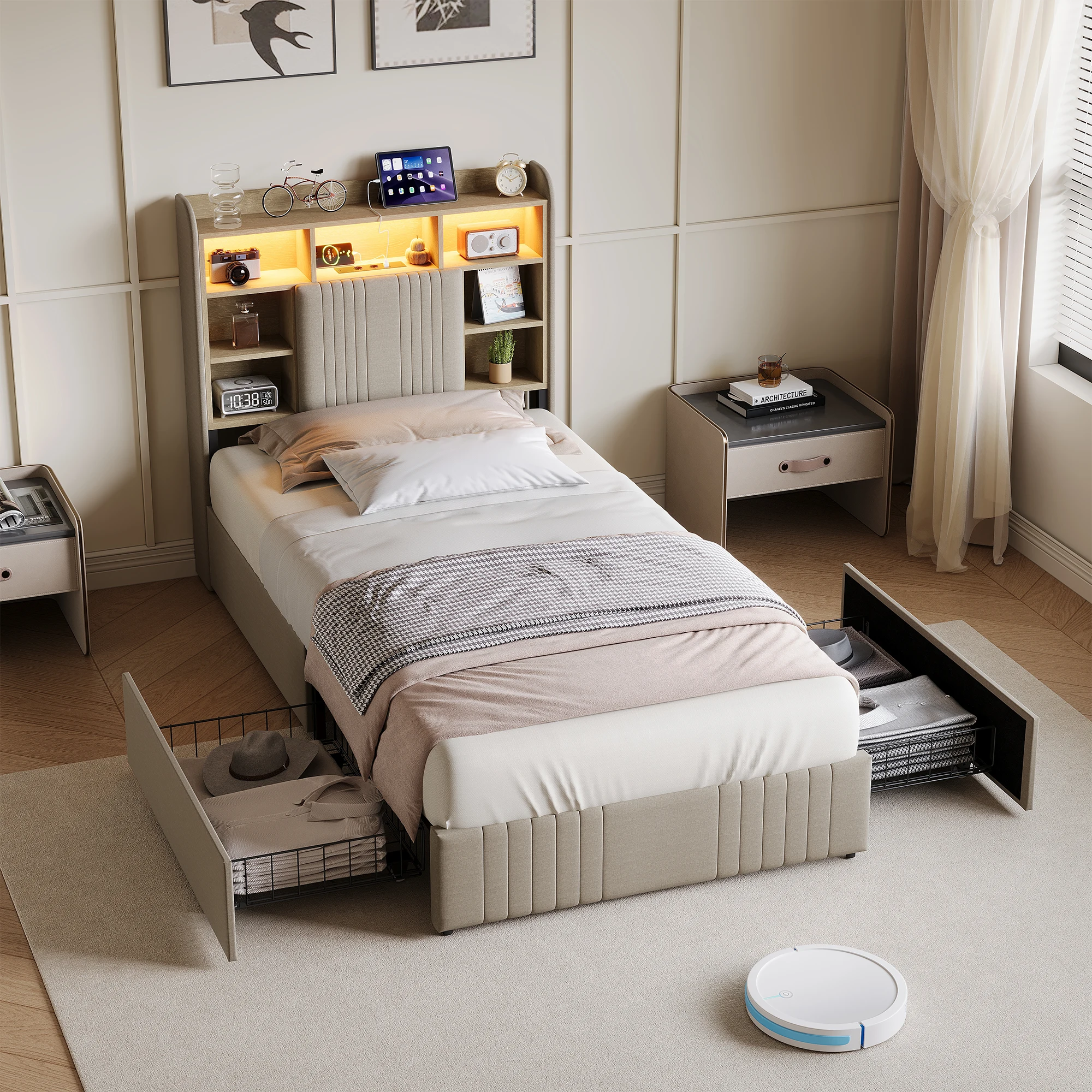 Comanlai 90x200cm/140x200cm gestoffeerd tweepersoonsbed met 4 laden & LED-verlichting & USB-oplaadpoort, bedframe met opberghoofdbord