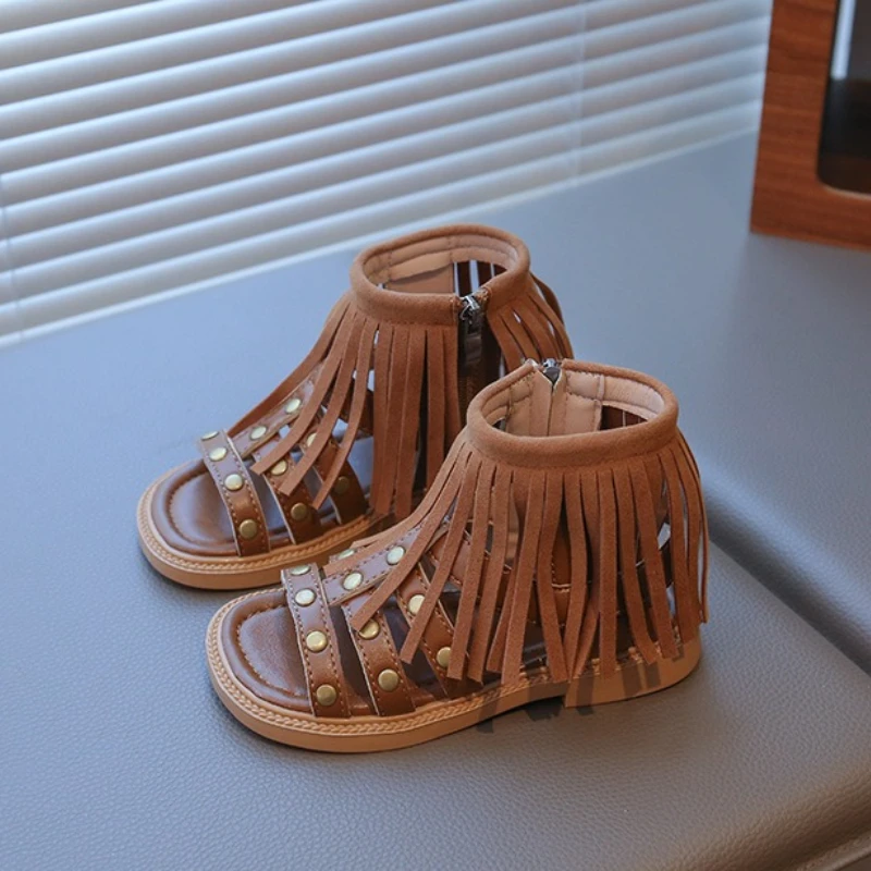 Fashion Girl Shoes2026summer New Ethnic Kid Sandals Retro Versatile Tassel Girls Roman Sandals Comfort Non Slip Child Beach Shoe