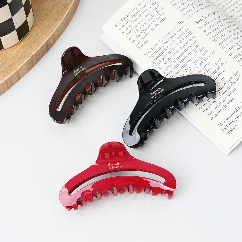 

2024 French Style Hair Clip with Hollowed-out Acetate Gold Label High-grade Shark Clip in Red for Back of Head