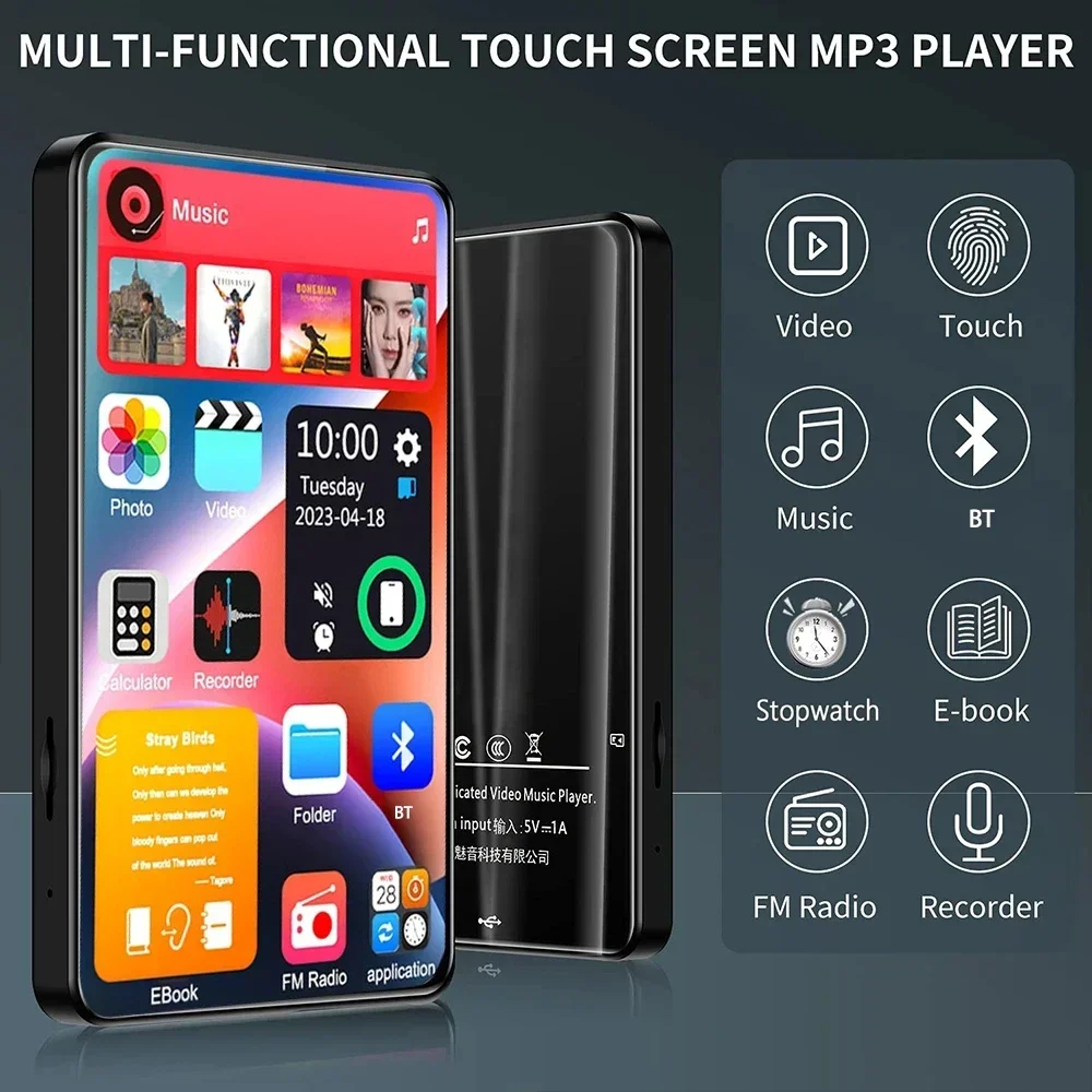 Lecteur MP3 MP4 HD avec écran tactile, haut-parleur Bluetooth 5.2 Walkman16GBBuilt-in, musique, radio FM, livre d'enregistrement