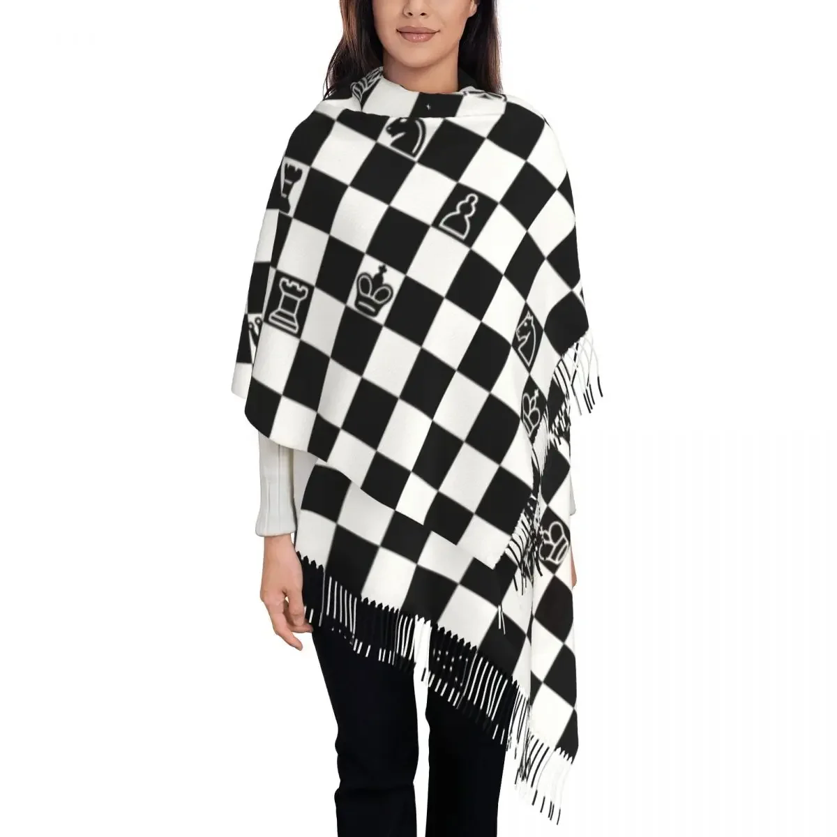 Ladies Long Chess Lover Scarves Women Winter Fall Thick Warm Tassel Shawl Wrap Chessboard Game Scarf