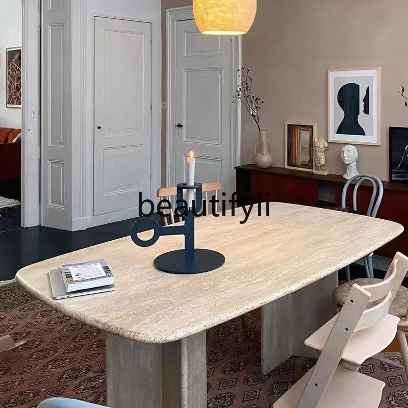 xqqNordic cream wind tunnel stone dining table rectangular light luxury household small apartment wabi sandy wind creative marbl