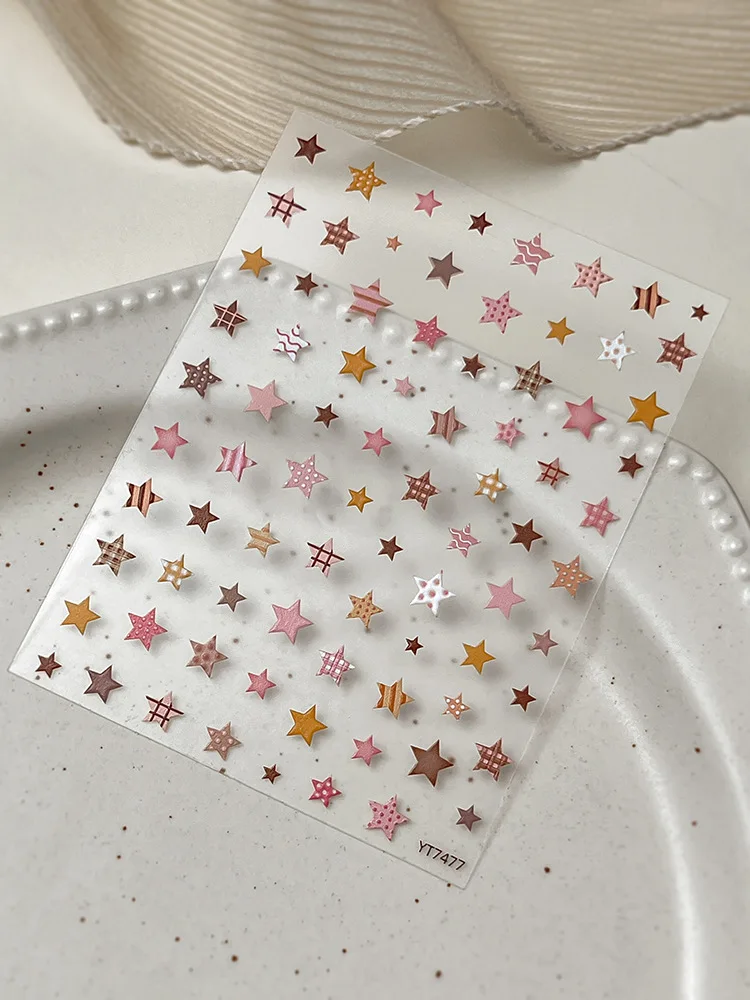 1pc 5D Grid Polka Dot Line Star Nail Art Sticker Autumn Y2K Brown Blue Dotted 5-Pointed Star Adhesive Nail Decal Manicure Decals