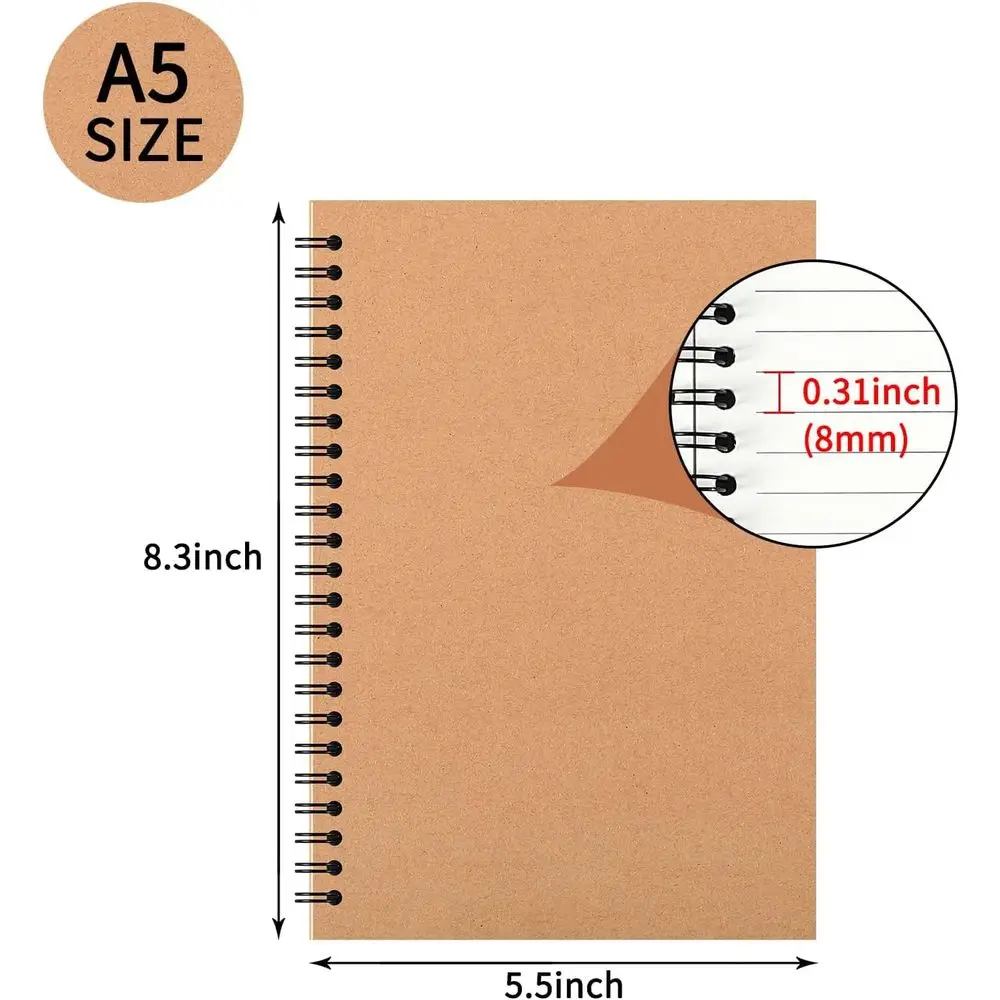 دفاتر ملاحظات حلزونية بغطاء كرافت مقاس A5 مكونة من 60 قطعة، مقاس 5 × 8، مثالية للعمل، والرسم، والدراسة، وتدوين الملاحظات، والهدايا