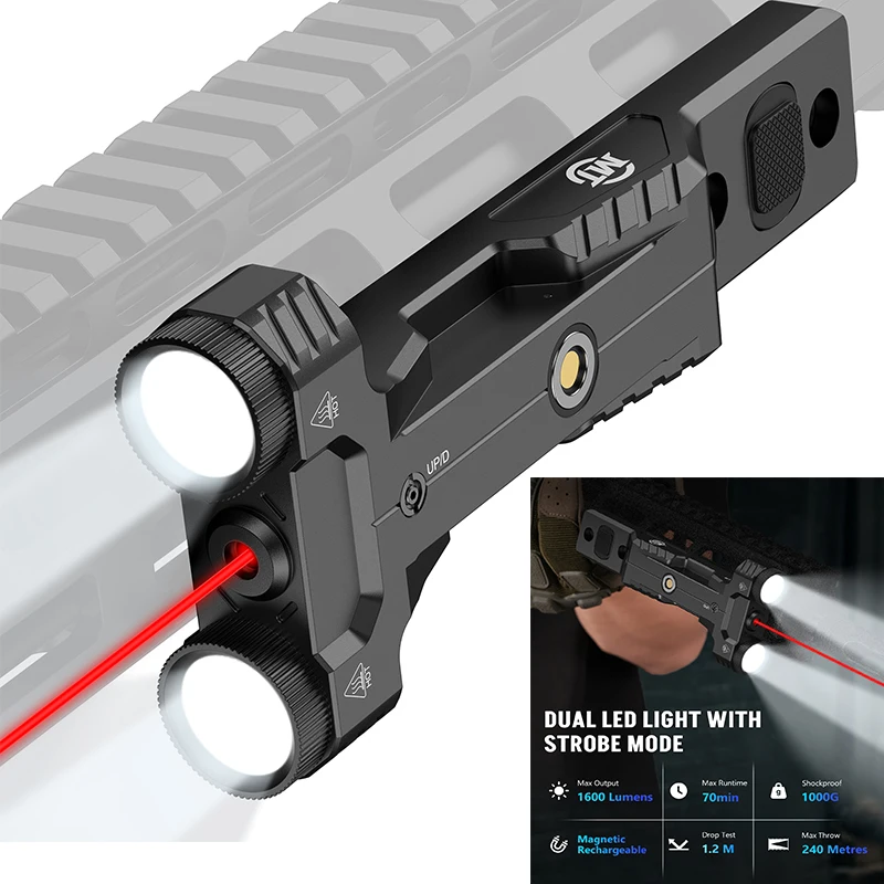 

EZshoot 1600 Lumen Rifle Tactical Flashlight Dual LED Light Red/Green Laser Combo Low Profile Rechargeable Strobe for M-Rail