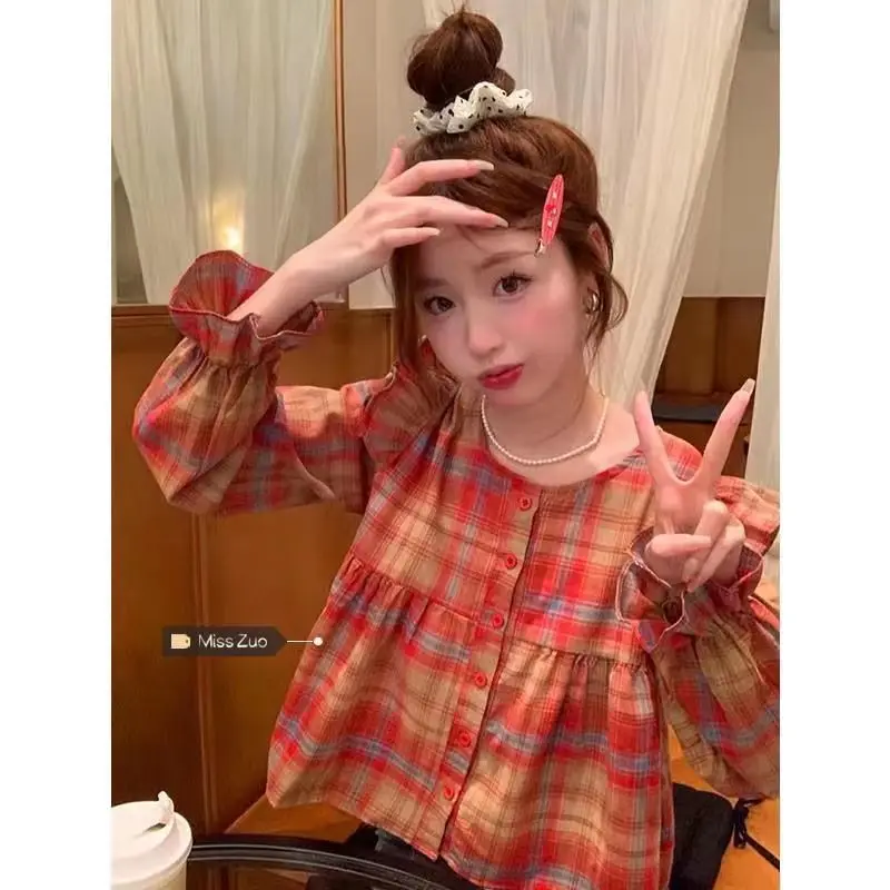 Herbst Neue Süße Rüschen Langarm Plaid Shirts Frauen Koreanische Chic Rundhals Einreiher Crop Tops Mode Bluse