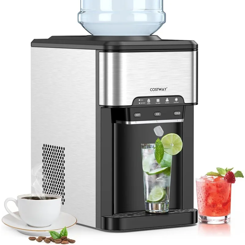 COSTWAY Water Dispenser with Ice Maker, 3-in-1 Countertop Hot/Cold Dispenser with Ice Machine, 2 Ways to Add Water, Child Safety