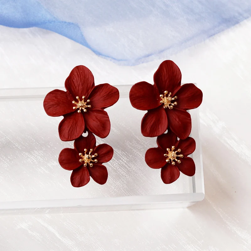 Big Flower Exaggerated Dangle Earrings for Women aretes de mujer Double-layers Floral Korean Fashion Girls Heavy Drop Earrings