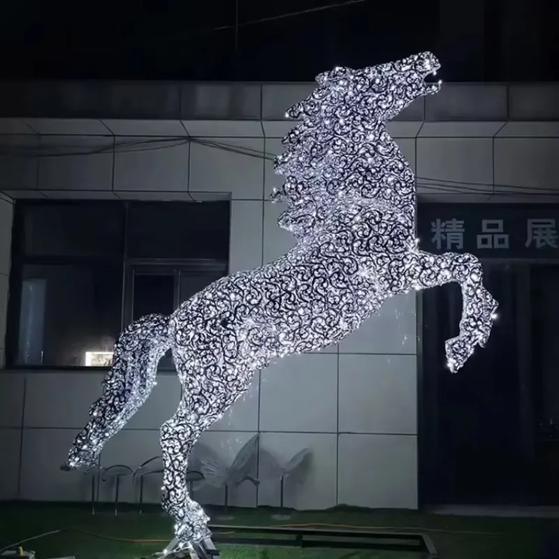 LED Lighted Hollow-out Horse Sculpture Yard Holiday Decor Illuminated Horse Ornament Outdoor Festive Horse Decoration