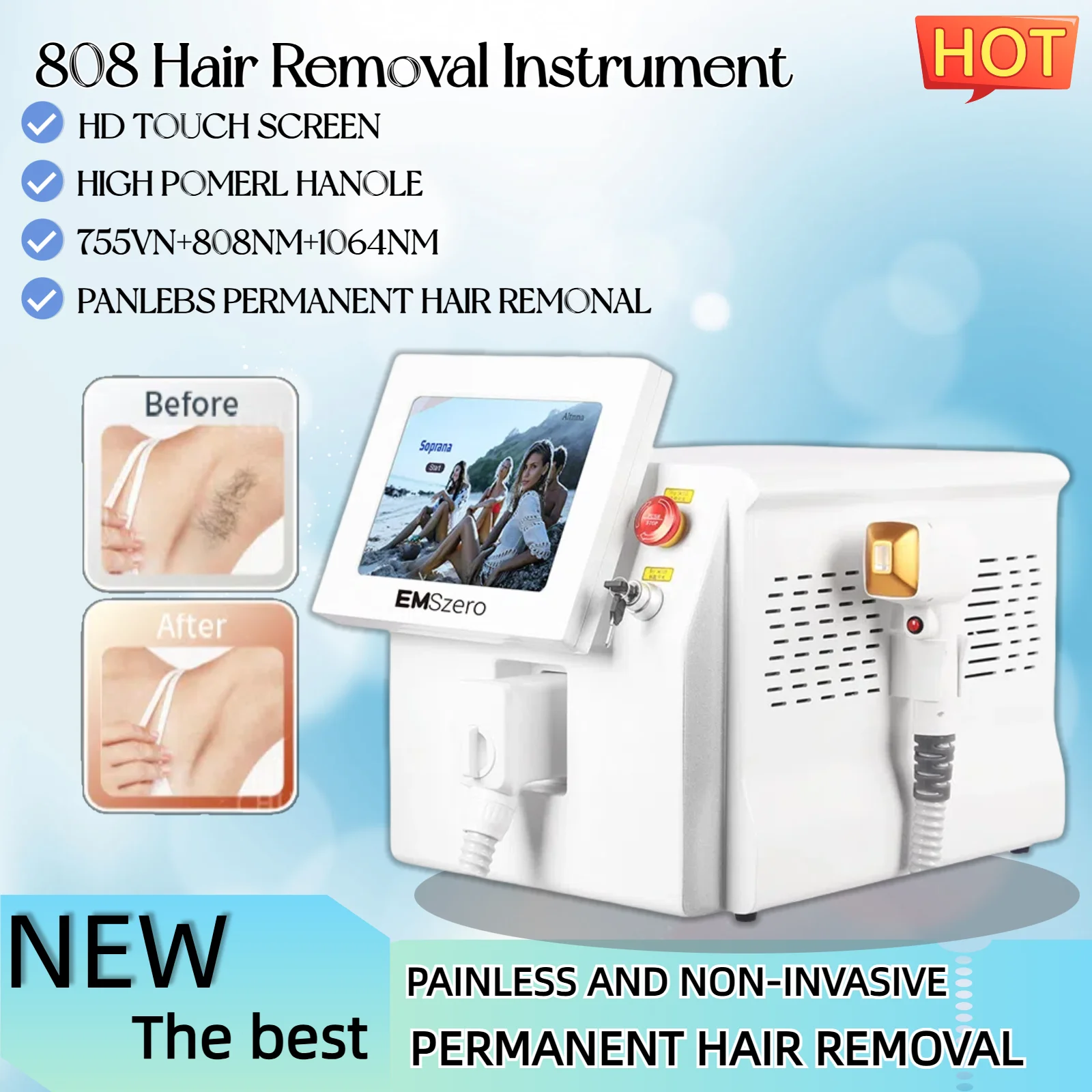 

Portable 3 Wavelength Diode Laser Hair Removal Machine 808 755 1064nm 3000W High Power Permanent Ice Titanium Painless