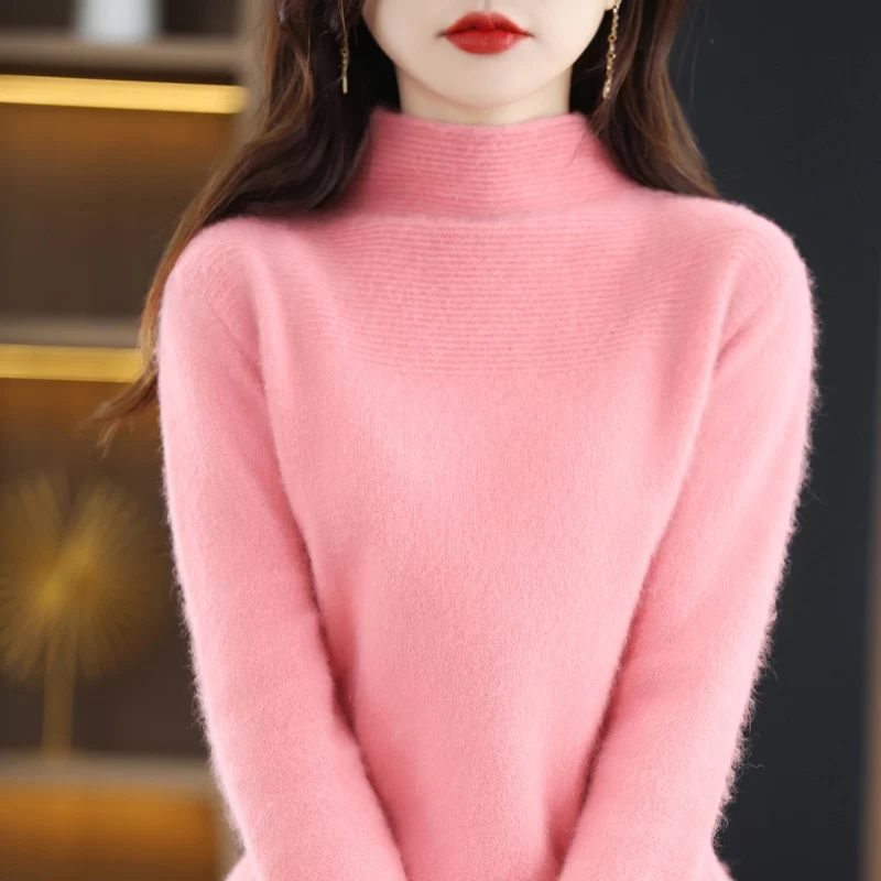 Autumn and Winter New Women\'s 100% Mink Cashmere Sweater High Neck Knitted Pullover Casual Loose Large Basic Fashion Top