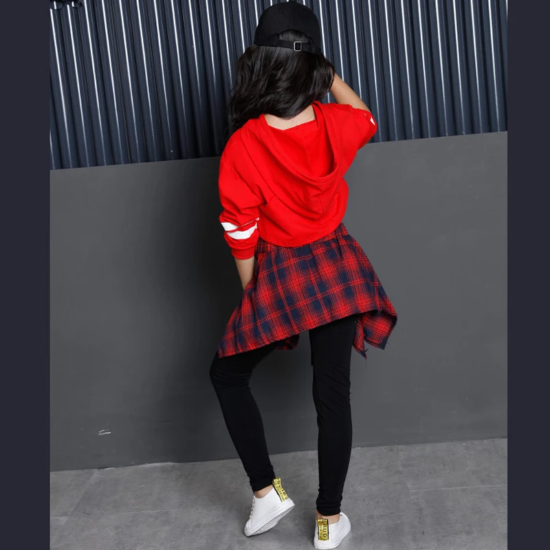 Children\'s Sports Suits Cotton Clothing Korean Fashion Hip Hop Streetwear Teenage Girls Hoodies Sweatshirt + Plaid Skirt-pants