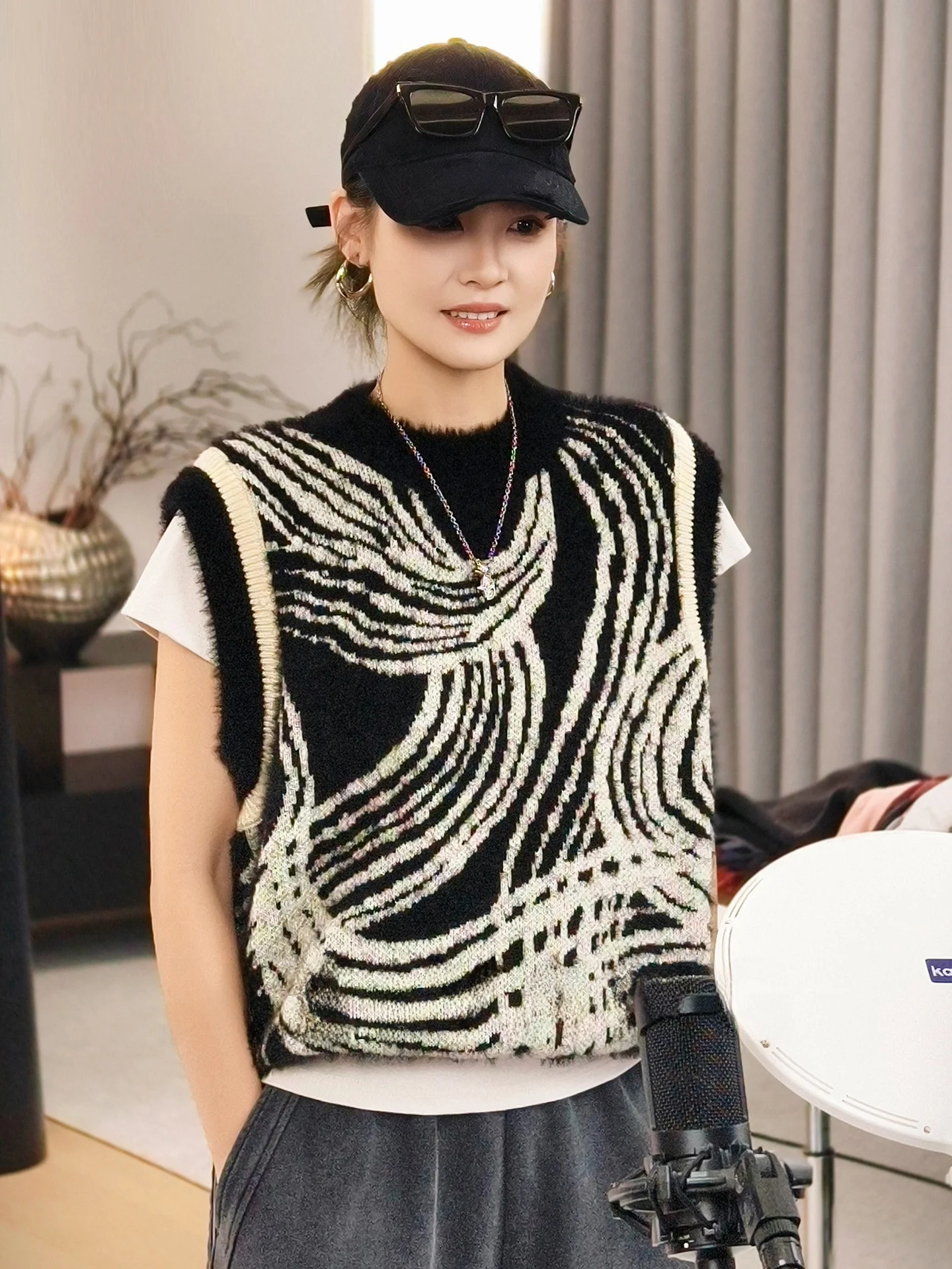 

MeiYang вязаный свободный крой круглый жилет Ne, разноцветная блузка, универсальный многослойный дизайн, подходит для осени и зимы