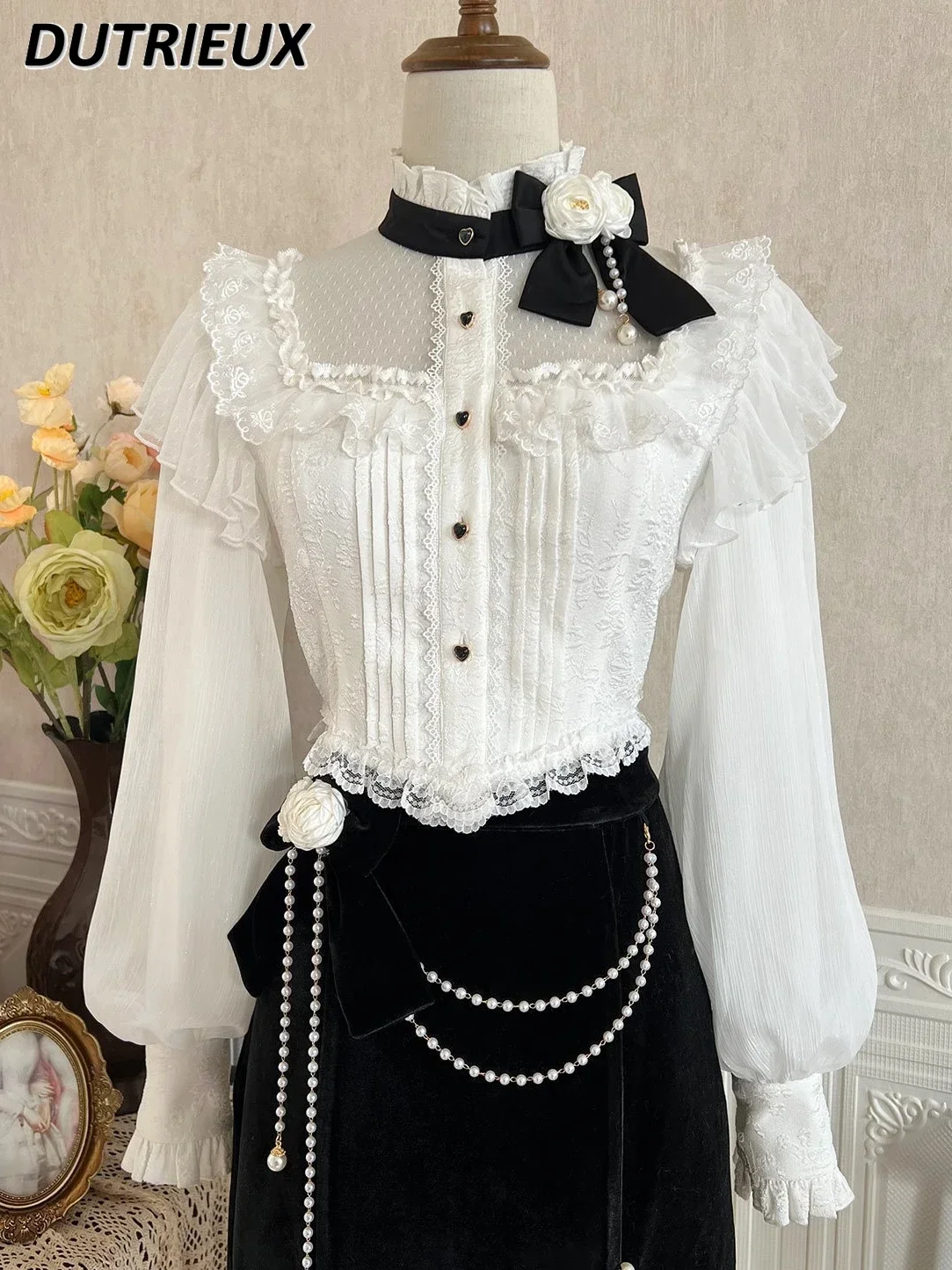 

Spring Original Lolita Court Vintage Stand Collar Shirt Sweet Girls Mesh Lace Blouse Elegant Long Sleeve White Liner Top