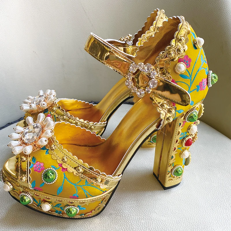 

Royal Diamond Jeweled Floral Jacquard Satin Sandals 14cm high Pearl Gemstone Studs Chunky Heels Ankle Strap Platform Party Shoes