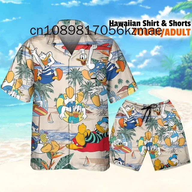 

Летняя Гавайская рубашка с изображением Дональда Дака Диснея, комплект с шортами, повседневный комплект для пляжного отдыха с короткими рукавами, пляжные шорты, рубашка на пуговицах в стиле ретро