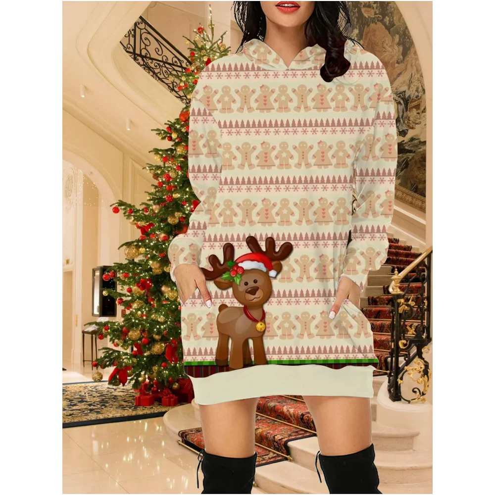 Autumn Women New Hoodies&Sweatshirts Dresses Christmas Imitation Knit Print Long Sleeve Hooded Casual Party Lady Hoodies Dresses