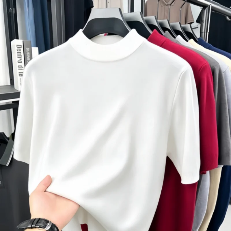 Herren Einfarbige Mock-Neck Kurzarm-Strick-T-Shirts Lässige Basis-Oberteile Weich Dehnbar Knitterfrei Für Alle Jahreszeiten Geeignet – Detail 16
