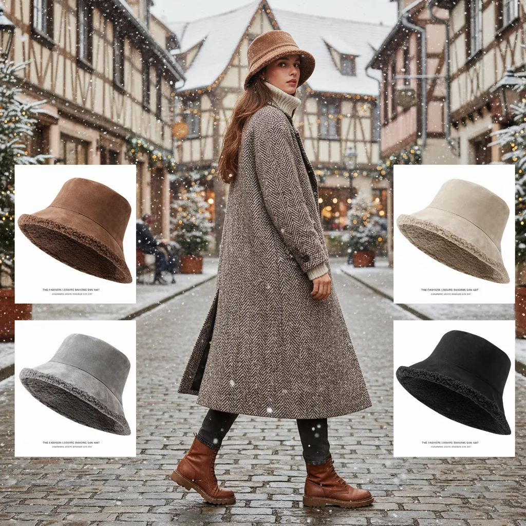 Doppelseitiger Fischerhut für Damen, Winter, verdickte Lammwolle, kältebeständig, warm, mit Fleece gefüttert, thermisch, vielseitiger Eimer