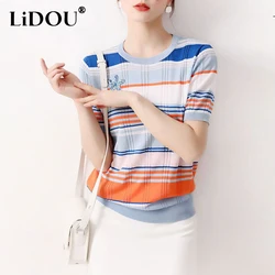 Summer Round Neck Striped Knitted Tee Women Loose Casual Fashion Short Sleeve All-match Pullovers Ladies Comfortable T-shirt Top