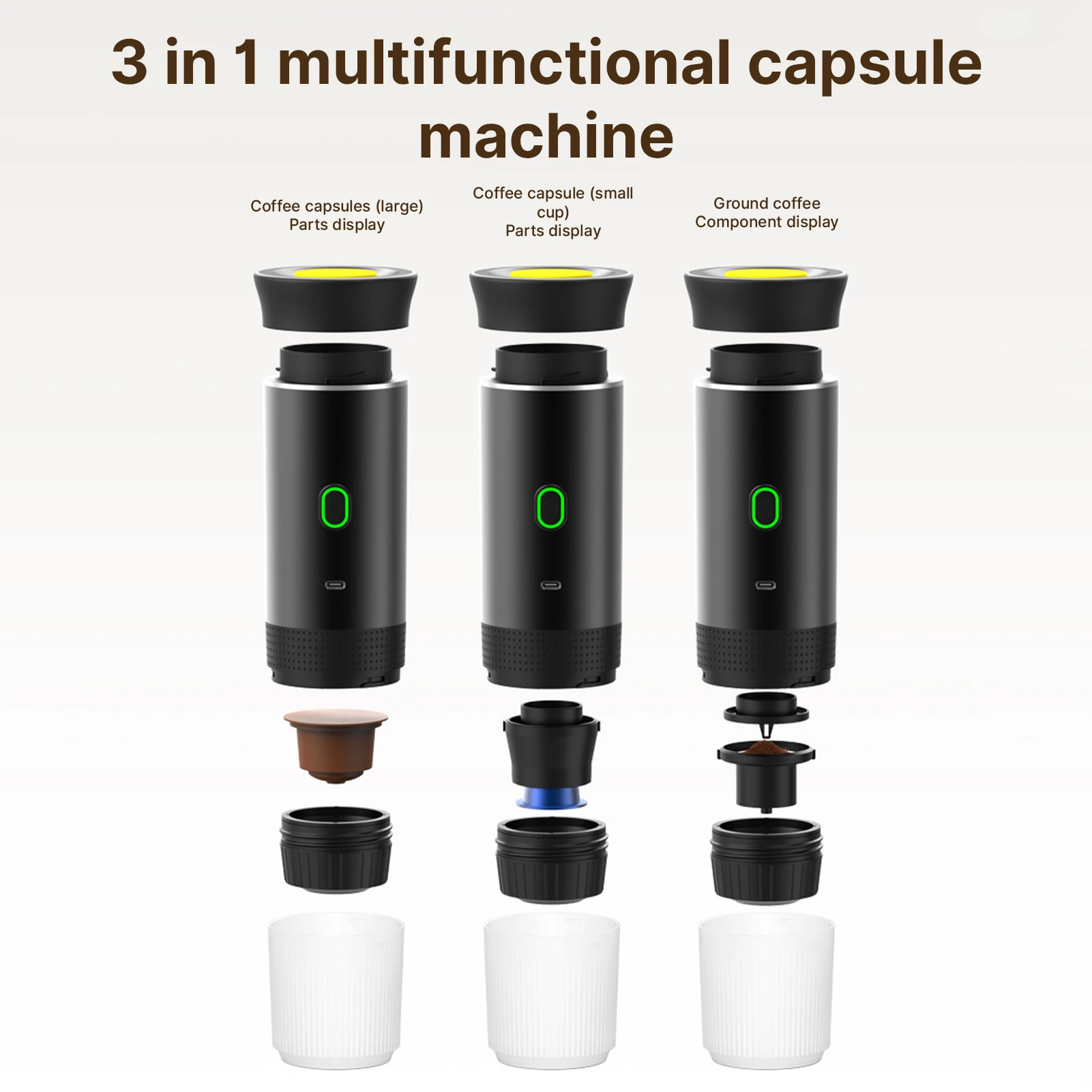 

15Bar Mini Portable Coffee Machine for Car Home Travel 3 in 1 Cordless Electric Coffee Maker Work With Capsule and Ground Coffee