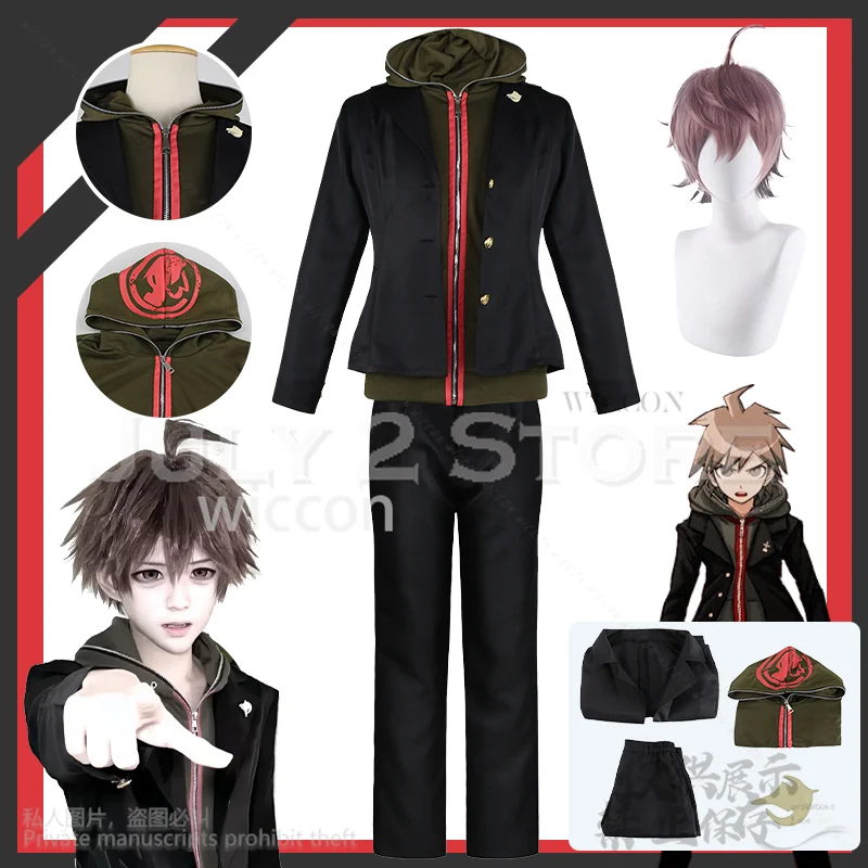 Anime Super Naegi Makoto Danganronpaaa Cosplay chaqueta verde y negra pantalones Cutecore uniforme pelucas para fiesta de Halloween disfraz