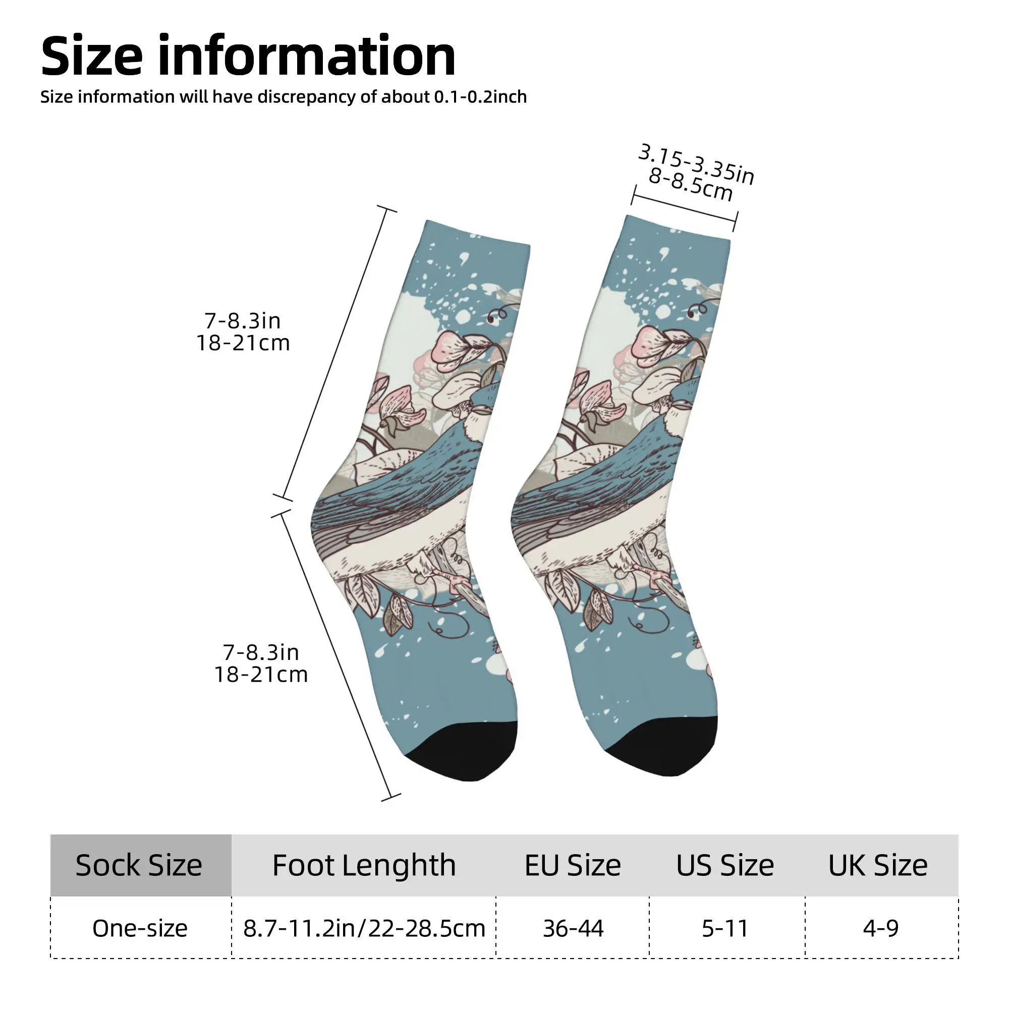 1pc Floral Background with Bird Printed Men's Socks  Novelty Hip Hop Harajuku Pattern Crew Sock Casual Gift