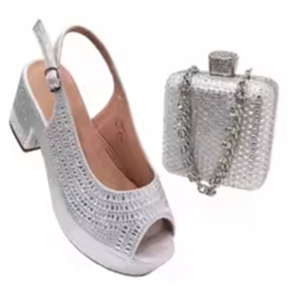 

mature 2025 Stiletto Shoes Round head Shoes And Sliver Color Soft Small Bag African Women's Party Shoes and Bags