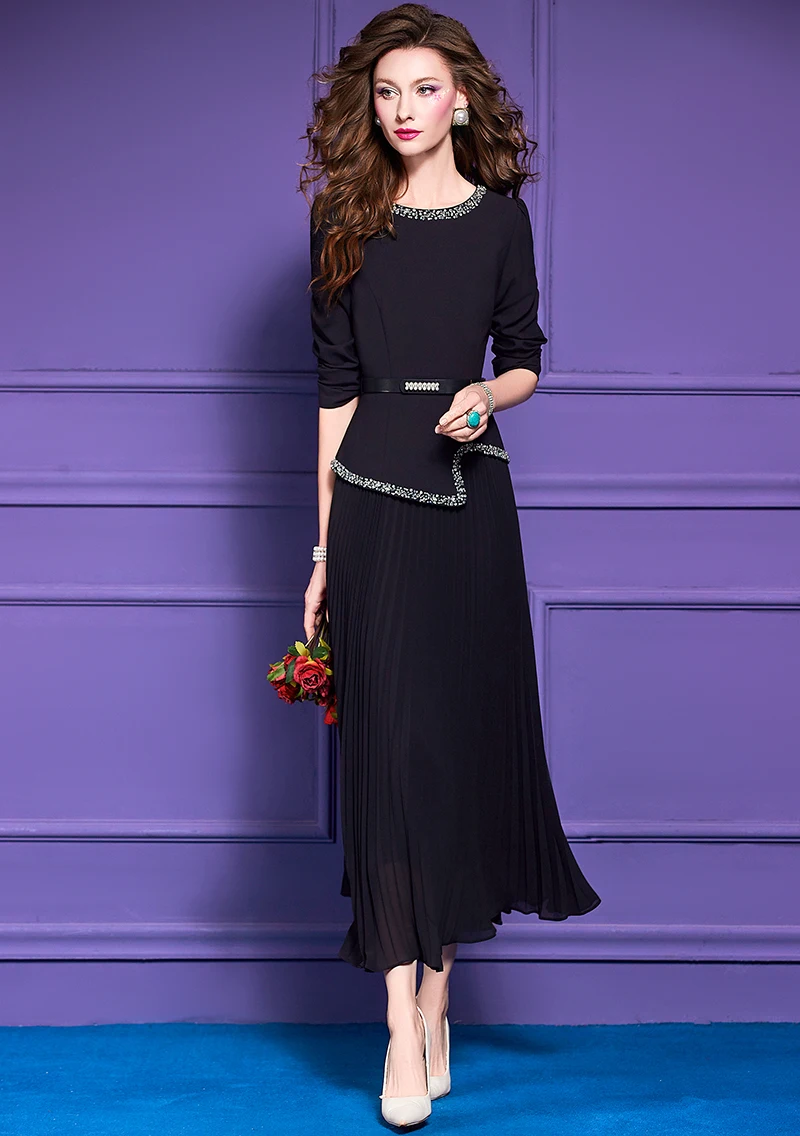 Zjyt elegante luxo diamantes plissado vestidos longos para mulheres festa noite manga cheia plus size roupas femininas 2025 outono novo