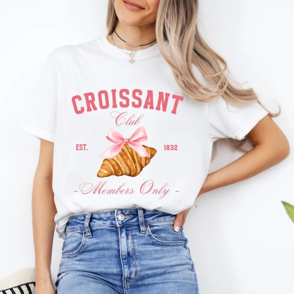 Croissant Club Cotton T-Shirt Aesthetic Croissant Tee Baker Gift Foodie TShirt Pastry Lover Croissant Lover Gift Pink Bow Tops